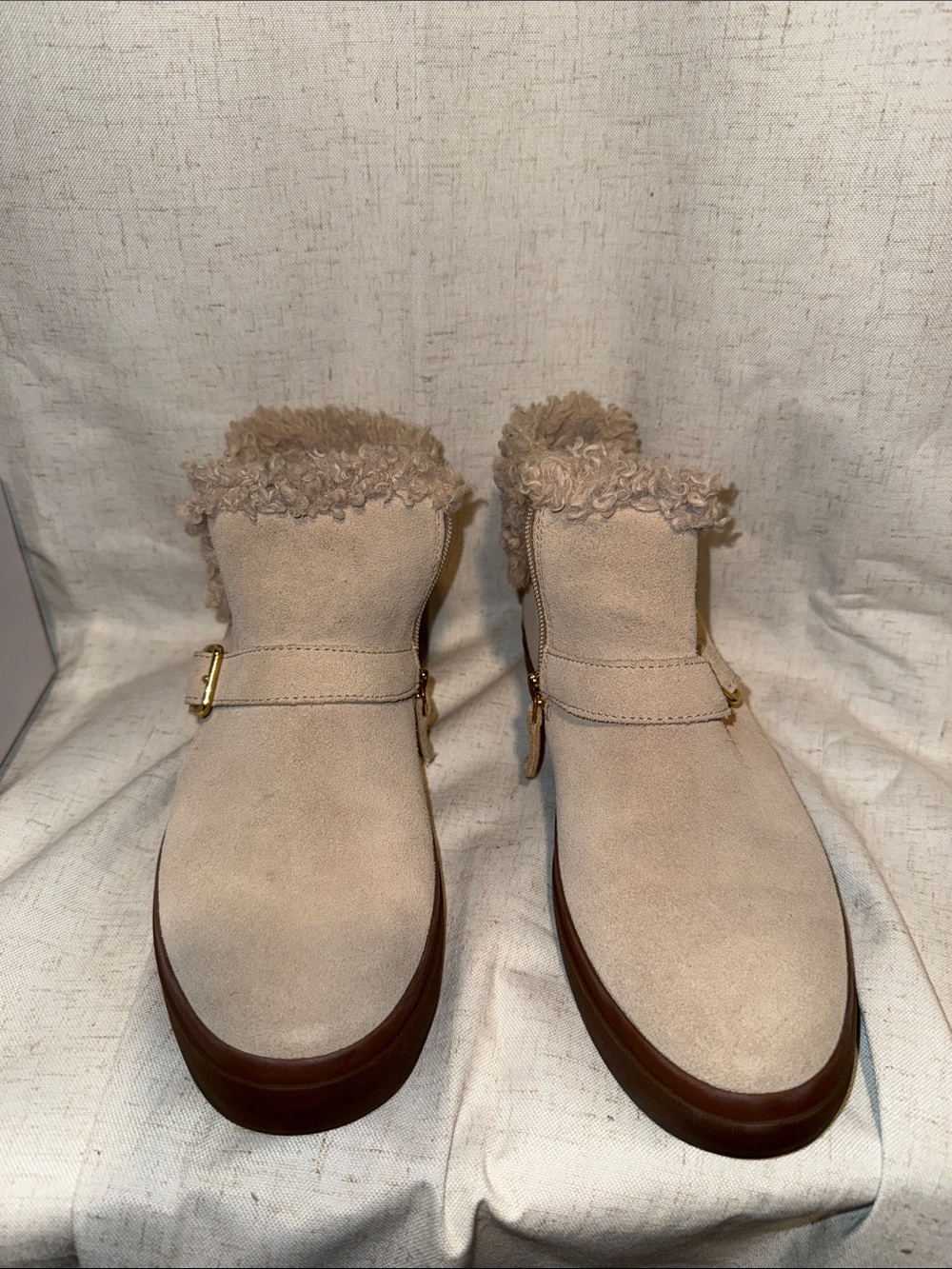 Cole Haan Beige Suede Faux-Shearling Ankle Slippers